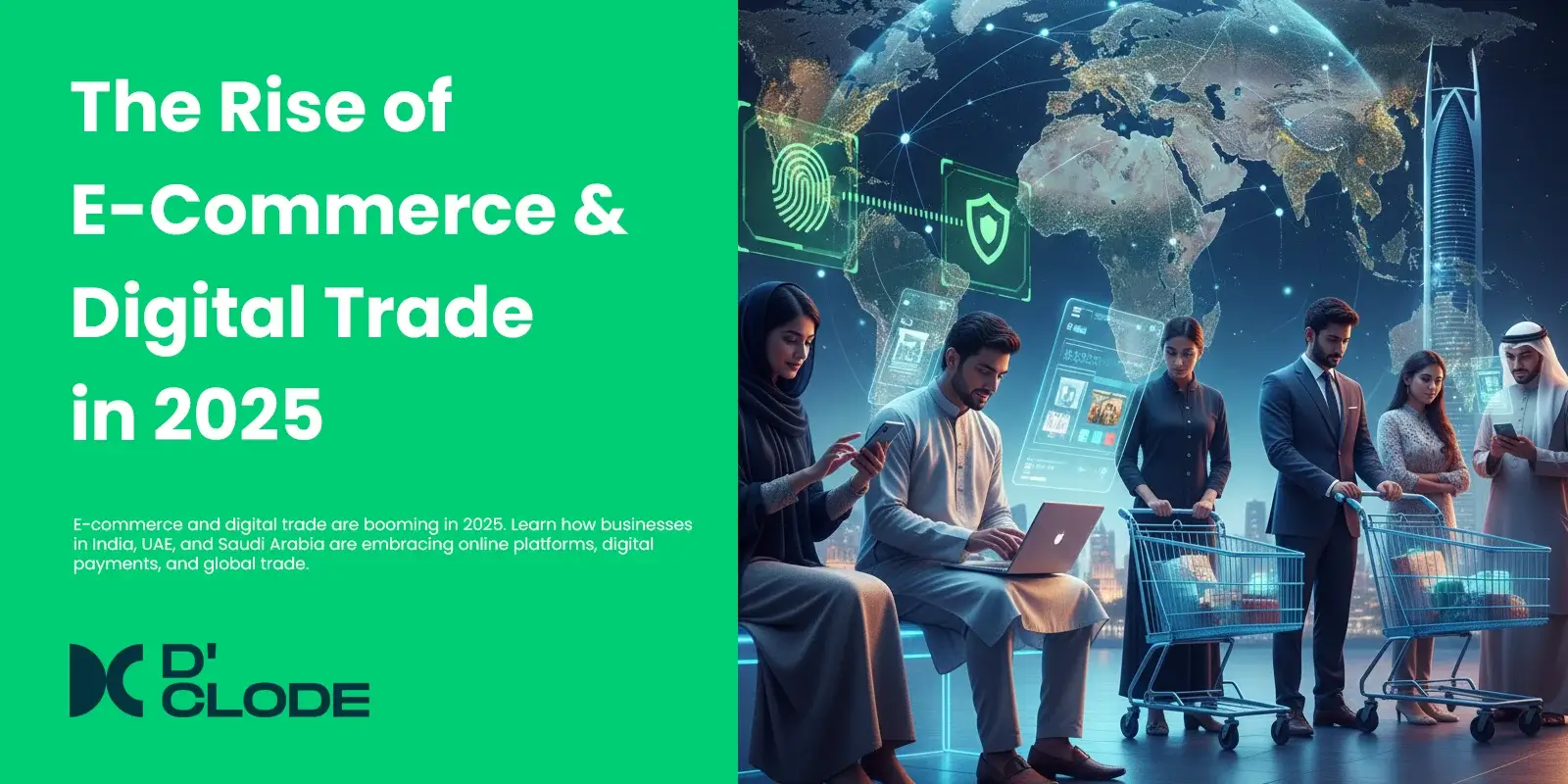 Shoppers using mobile devices for online purchases with digital trade icons and global connectivity