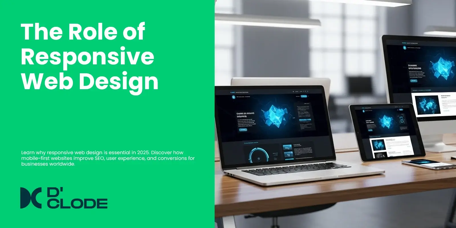 Responsive web design displayed on laptop, tablet, and mobile devices in a modern workspace